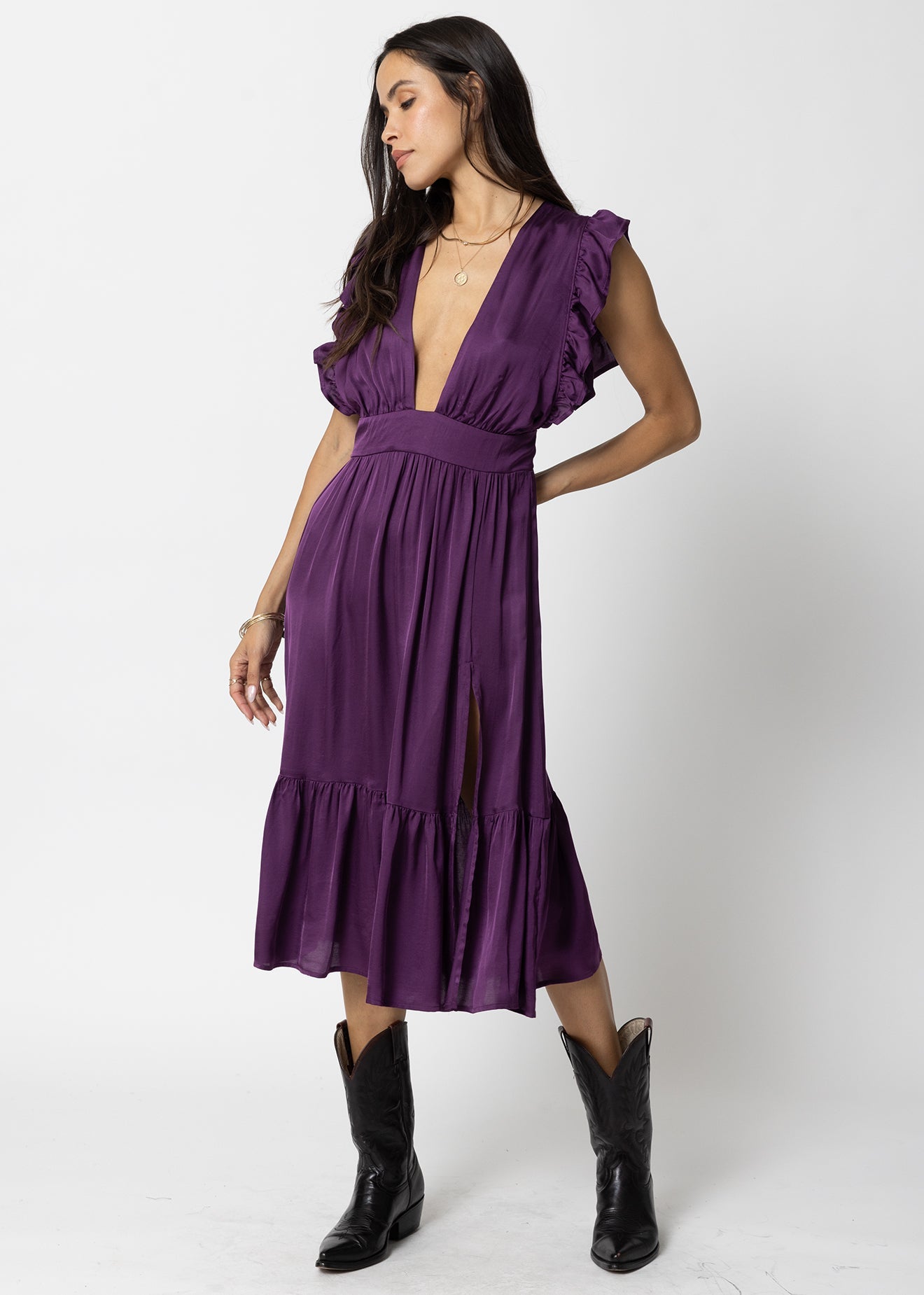 knee length dresses for ladies Purple Deep V Neckline Tiered Midi Dress – Gabi Swimwear main image 1