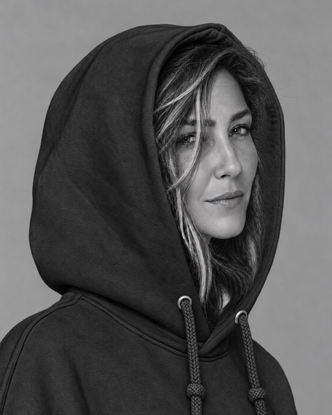 Lisa Popp in a dark hooded sweatshirt with the hood up, photographed in black and white against a plain grey background.