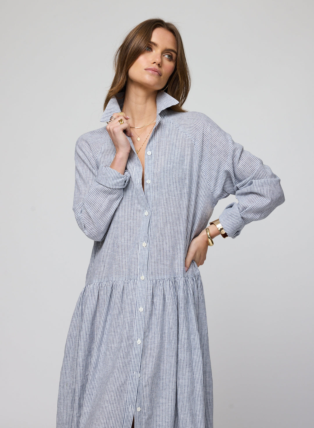 The Linen Drop Waist Shirt Dress X-Small / Navy Stripe The Linen Drop Waist Shirt Dress X-Small / Navy Stripe