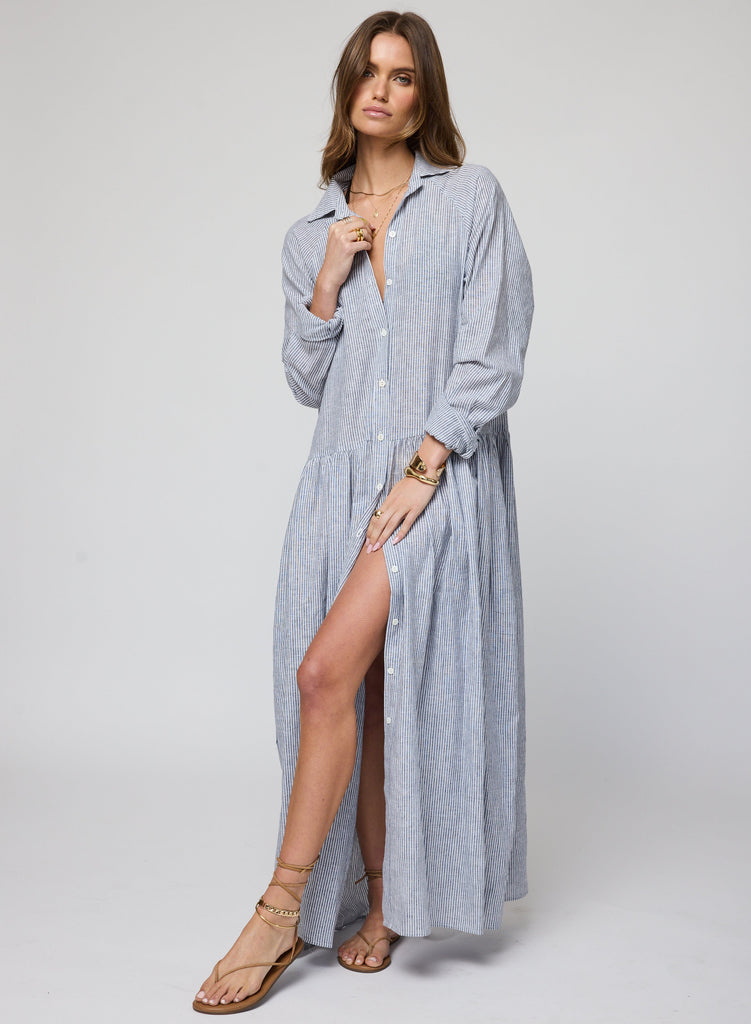 THE LINEN DROP WAIST SHIRT DRESS X-SMALL / NAVY STRIPE