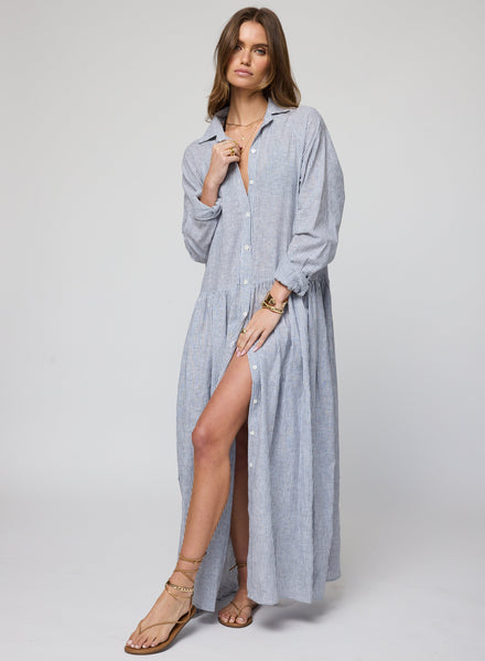 The Linen Drop Waist Shirt Dress X-Small / Navy Stripe The Linen Drop Waist Shirt Dress X-Small / Navy Stripe