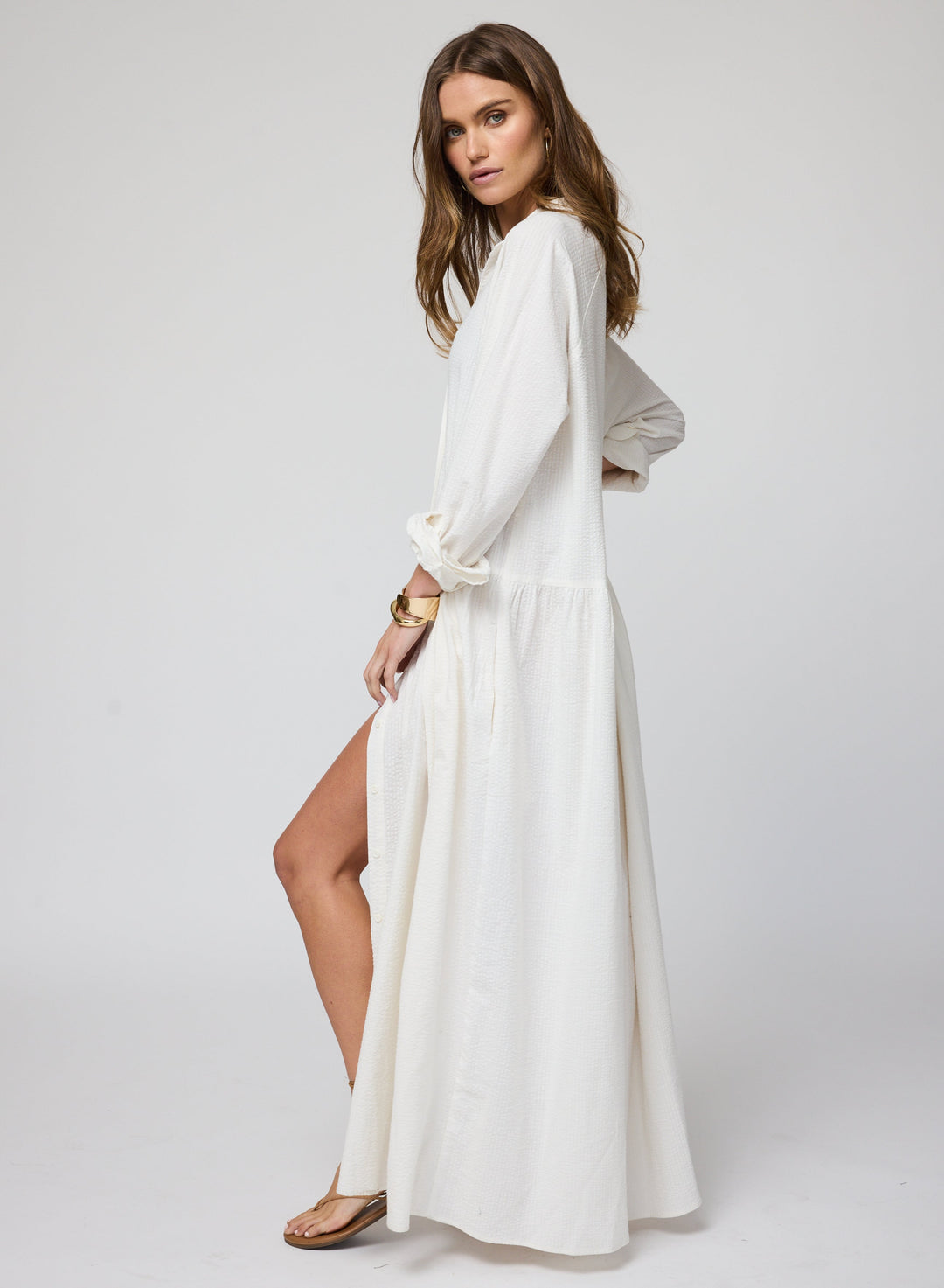 The Seersucker Drop Waist Shirt Dress X-Small / White The Seersucker Drop Waist Shirt Dress X-Small / White