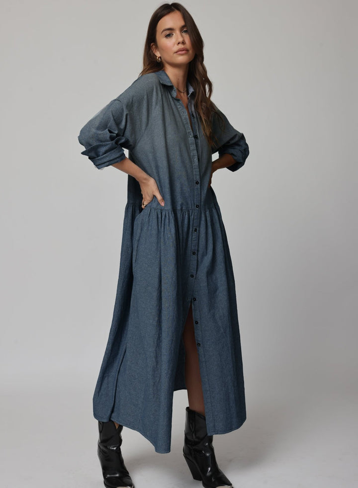 DENIM CHAMBRE DROP WAIST SHIRT DRESS