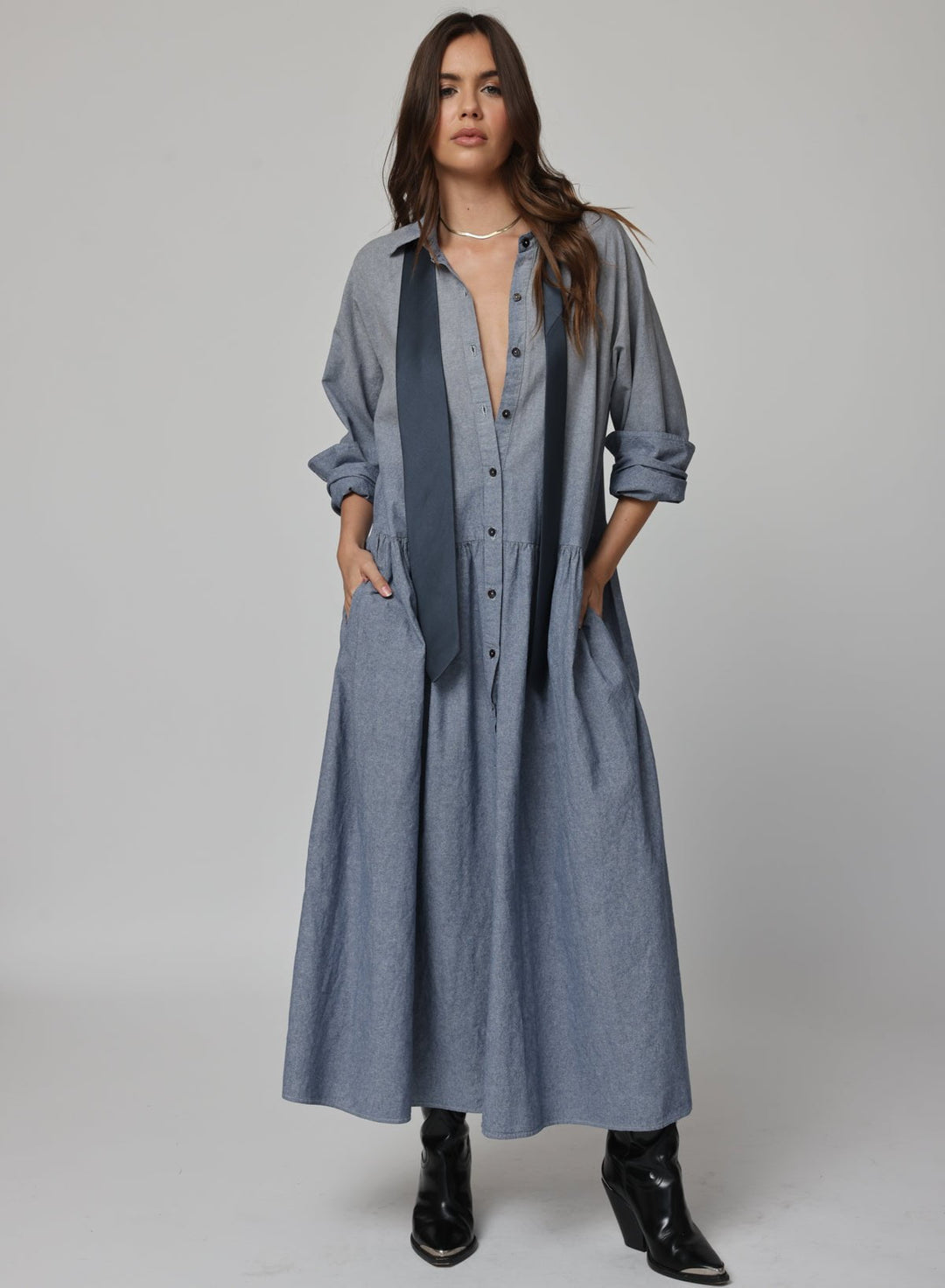 DENIM CHAMBRE DROP WAIST SHIRT DRESS