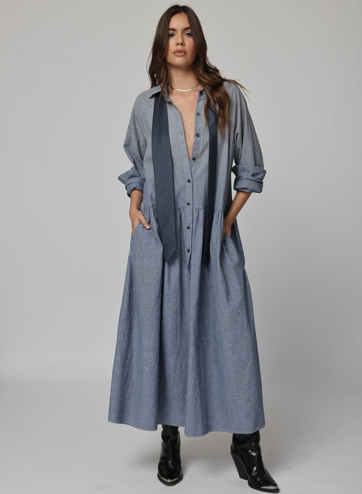 DENIM CHAMBRE DROP WAIST SHIRT DRESS