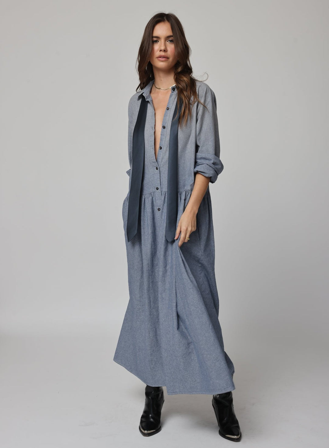 DENIM CHAMBRE DROP WAIST SHIRT DRESS