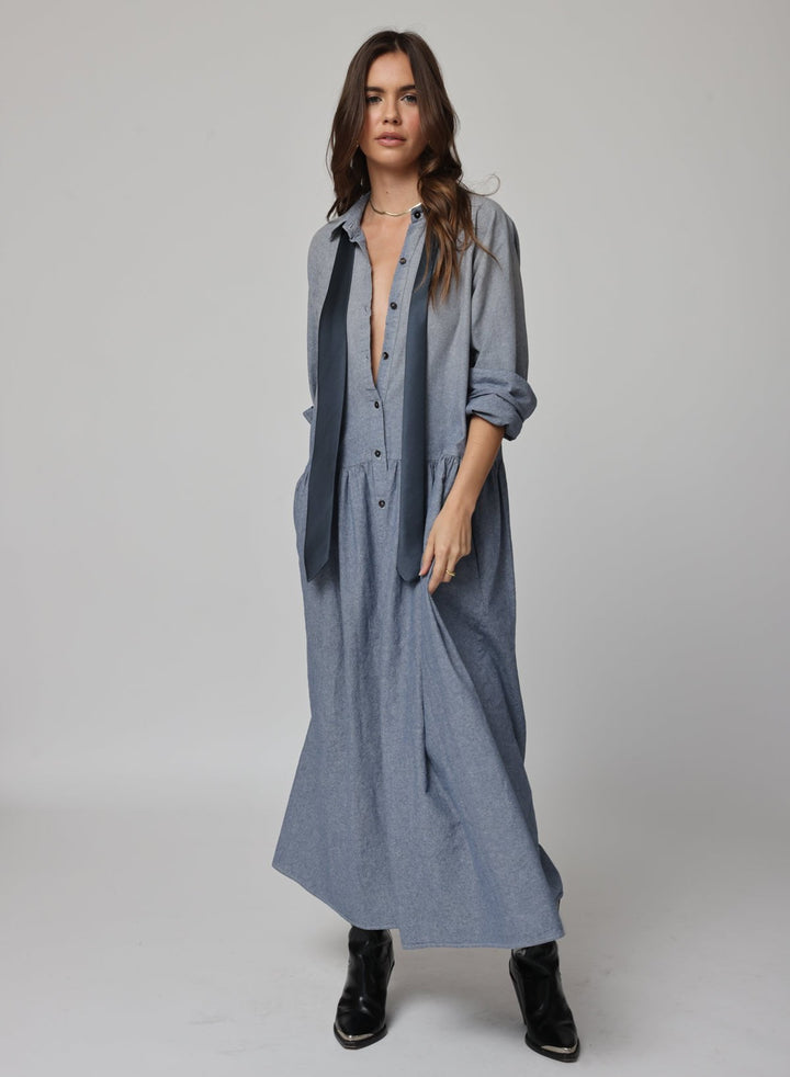 DENIM CHAMBRE DROP WAIST SHIRT DRESS