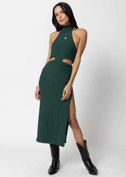 WIDE RIB HALTER CUT AWAY DRESS LARGE / JADE