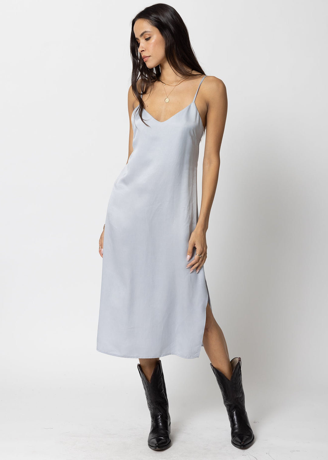 THE CUPRO SILKY SLIP MIDI DRESS LARGE / SILVER THE CUPRO SILKY SLIP MIDI DRESS LARGE / SILVER