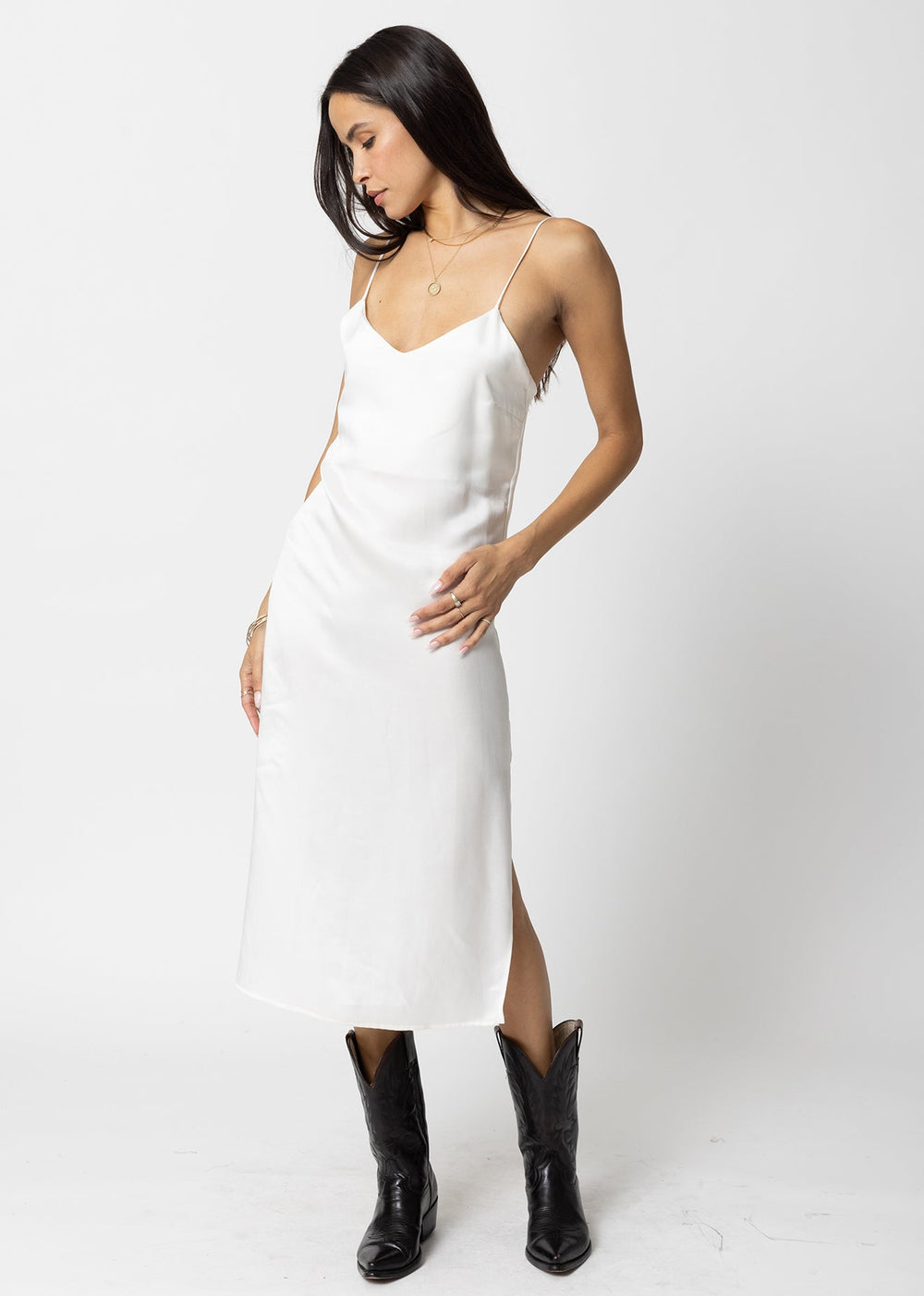 white slip dress midi THE CUPRO SILKY SLIP MIDI DRESS SMALL / ARTIC