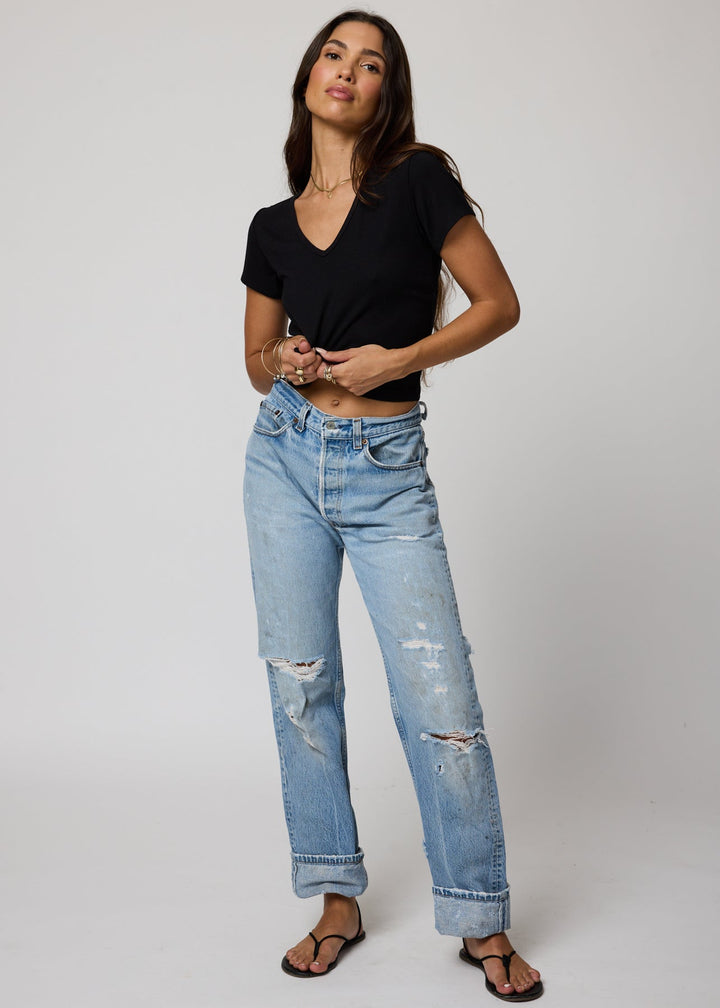 RIB V NECK CROP TEE