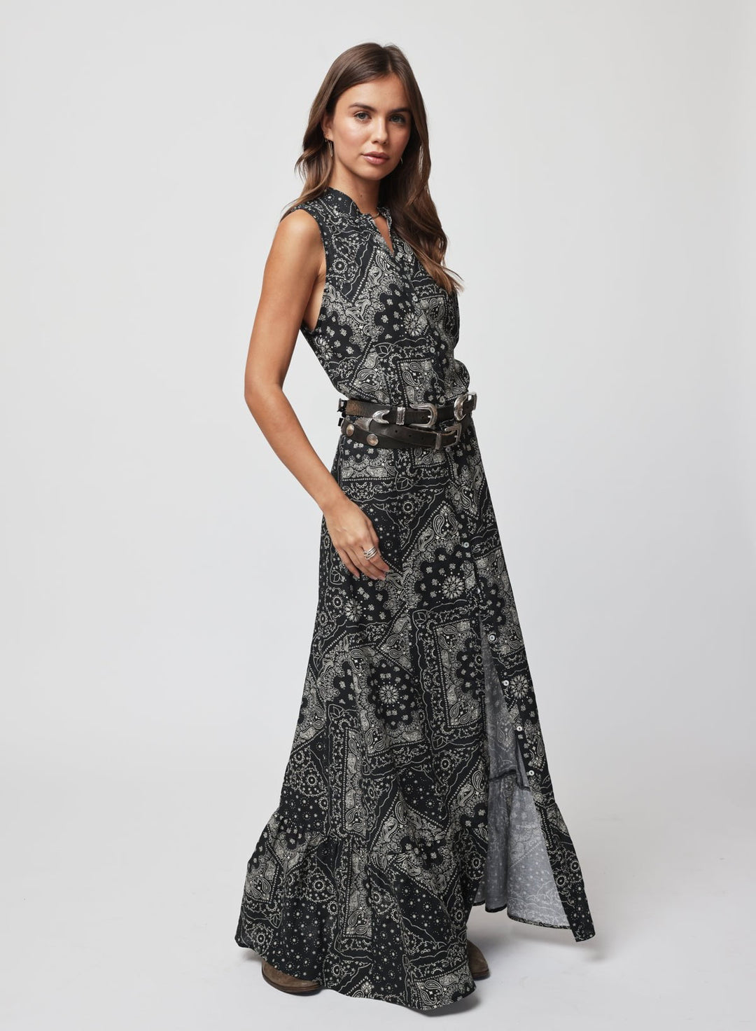 button front maxi dress THE LINEN BUTTON FRONT MAXI DRESS X-SMALL / Black BANDANA