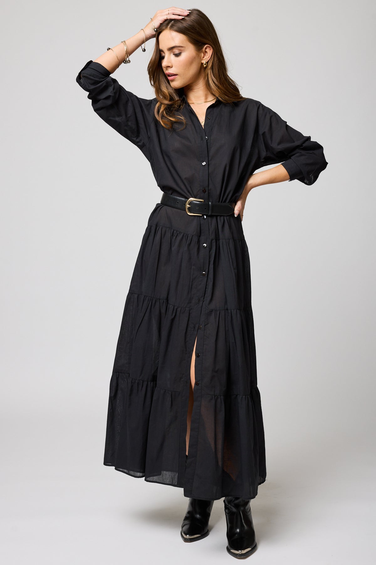 【新品】RYU KAGA Tiered shirts dress ブラック　38 COTTON VOILE TIERED DRESS|コットン ボイル ティアード ドレス