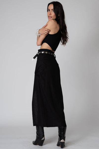 STRETCH LINEN CARGO KNOTCH WAIST MAXI SKIRT